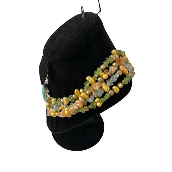 Multi-Stone Beaded Necklace w/ Turquoise Center, Green, Gold & Citrine natural - Picture 3 of 7
